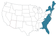 Karte der USA, Markierte Bundesstaaten an der Ostküste